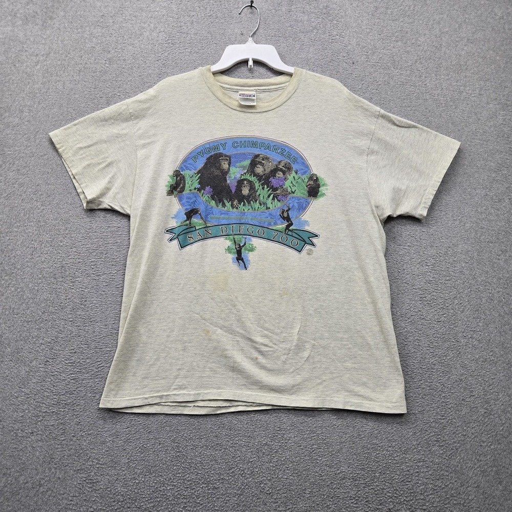 VINTAGE San Diego Zoo Men Shirt XL Gray Pygmy Chimpanzee Single Stitch USA READ